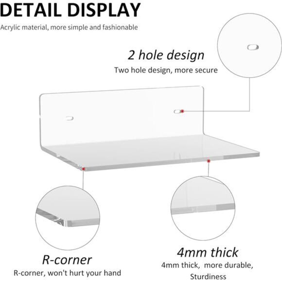 9 Inch Clear Wall Shelf, Acrylic Small Floating Shelf for Wall, Home Wall Home - Picture 4 of 6